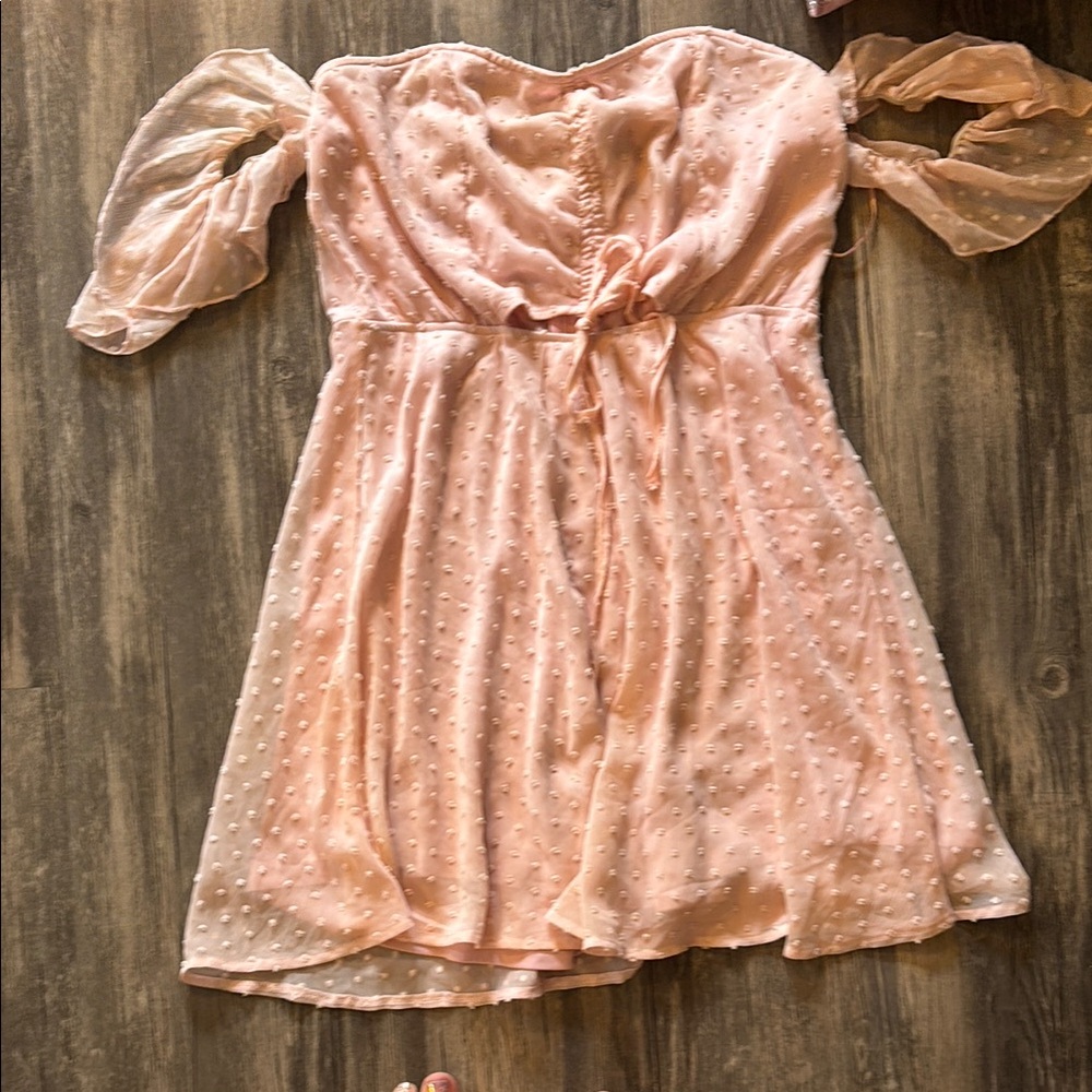 Pink Off-Shoulder Dress with Sheer Sleeves
